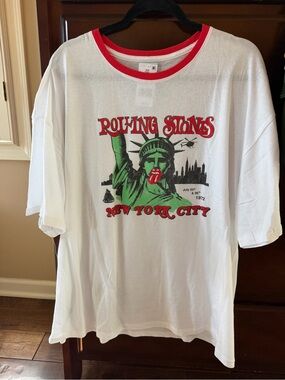 the Rolling Stones White Ringer Tee with Red and Green Graphic